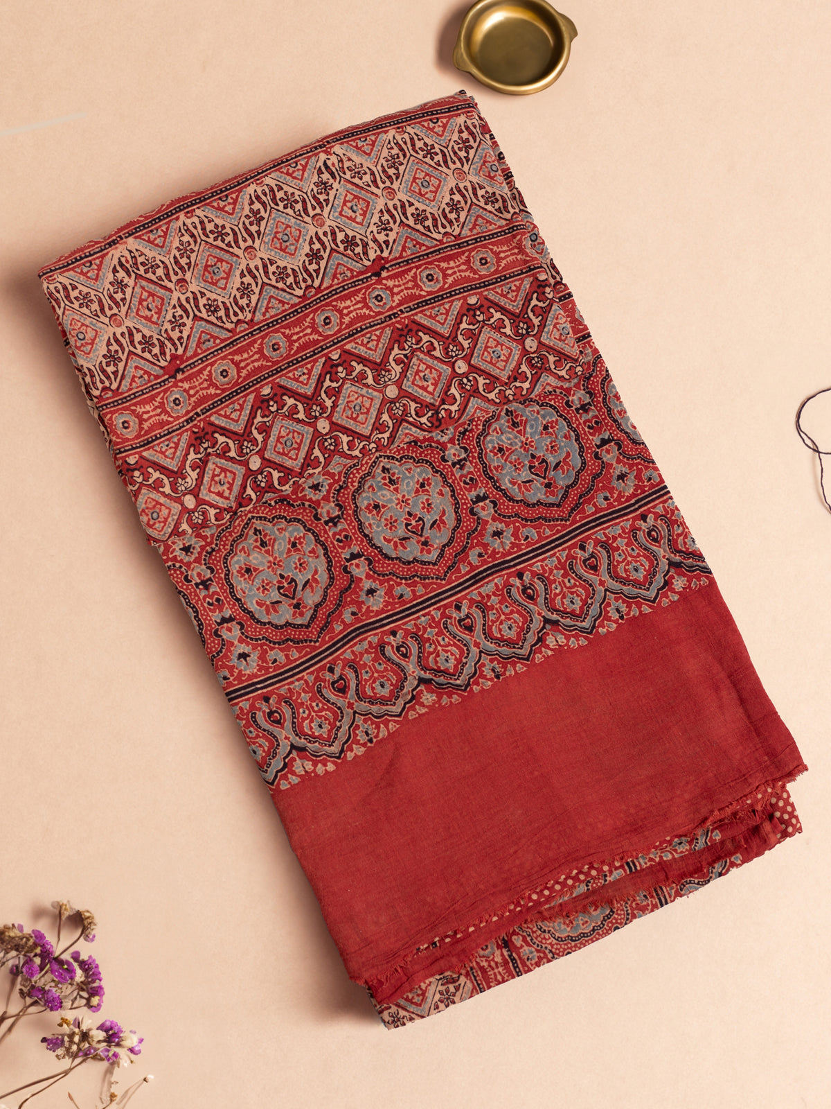 Ajrakh Saree with dotted pattern - Red