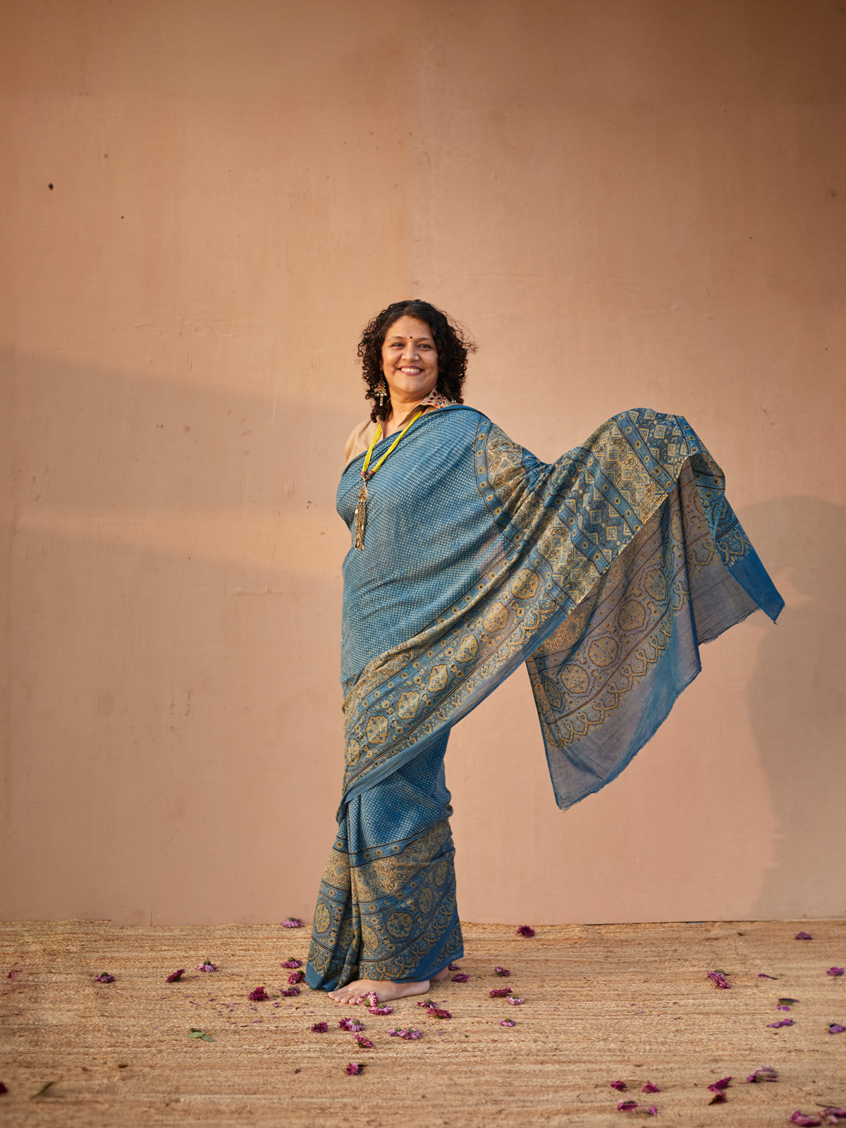 Ajrakh Saree with dotted pattern - Blue