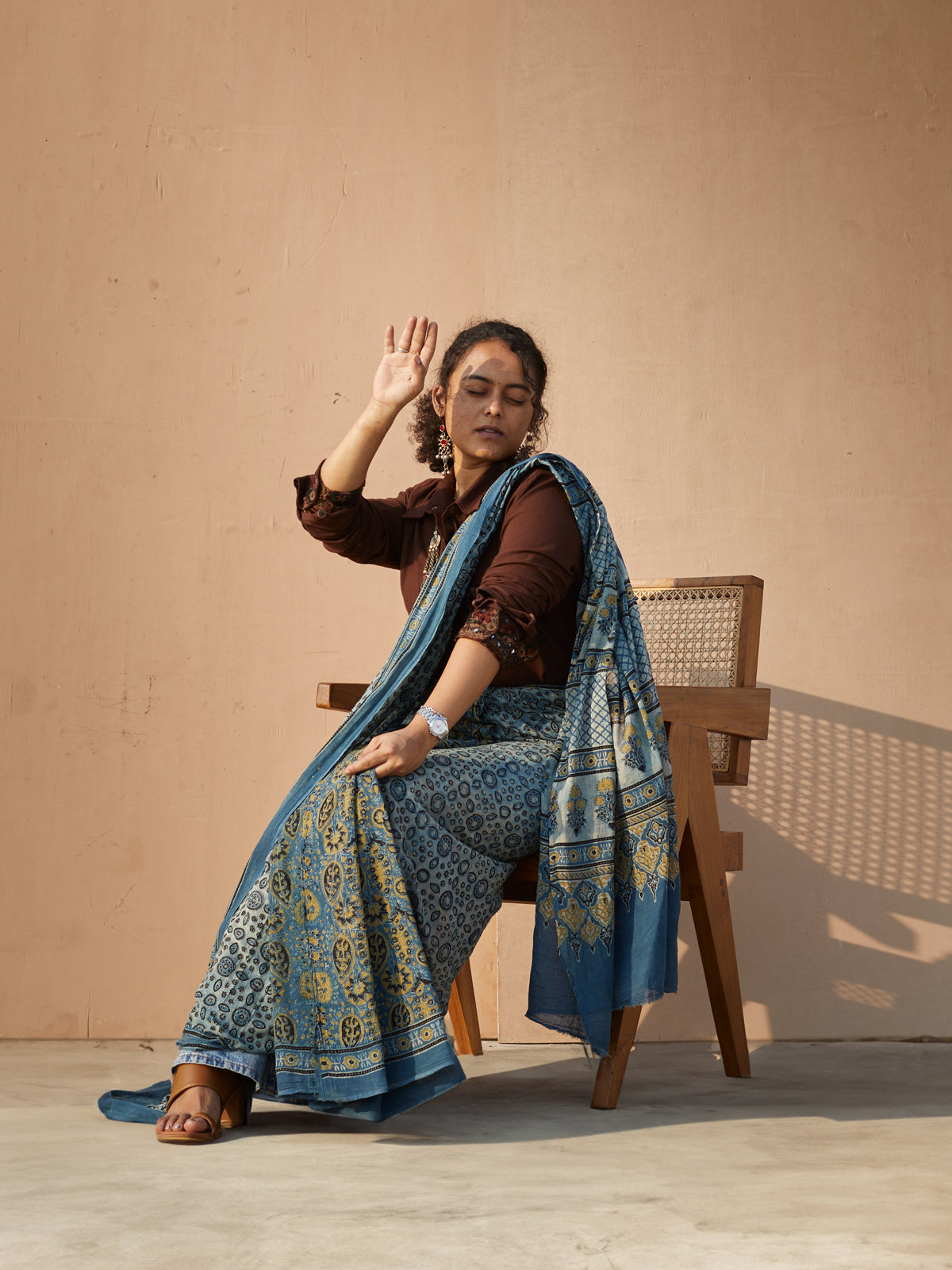 Ajrakh Saree with circular pattern - Blue