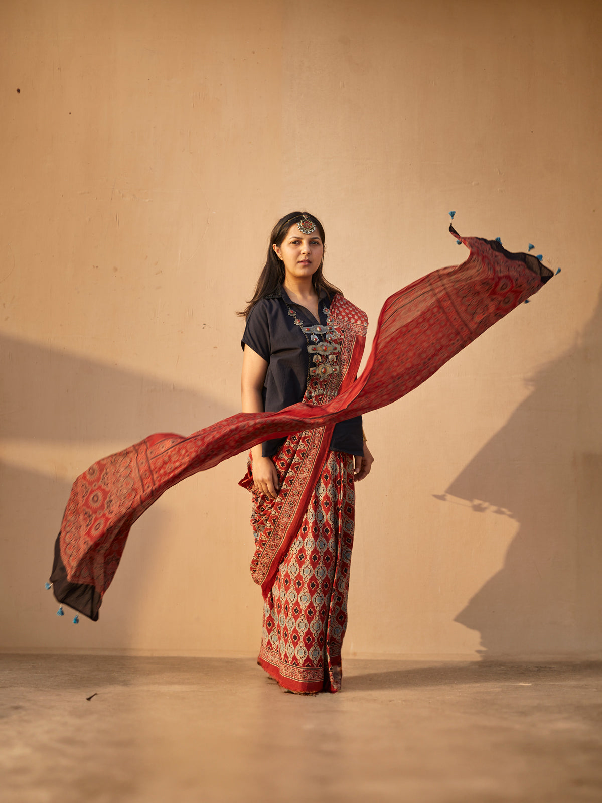 Ajrakh Saree with leaf pattern - Red