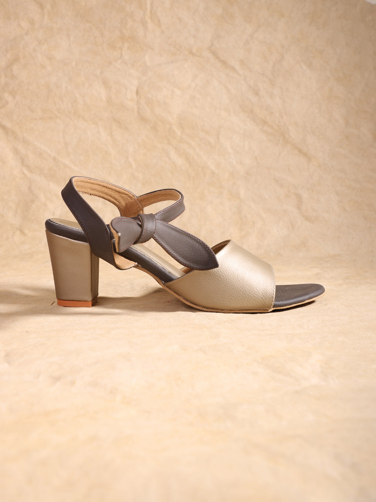 Silicon Leather Block Heel Sandals Gold